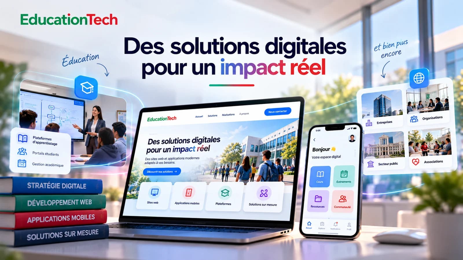 Illustration de concept d’un site web et d’une application éducative sur ordinateur et mobile.