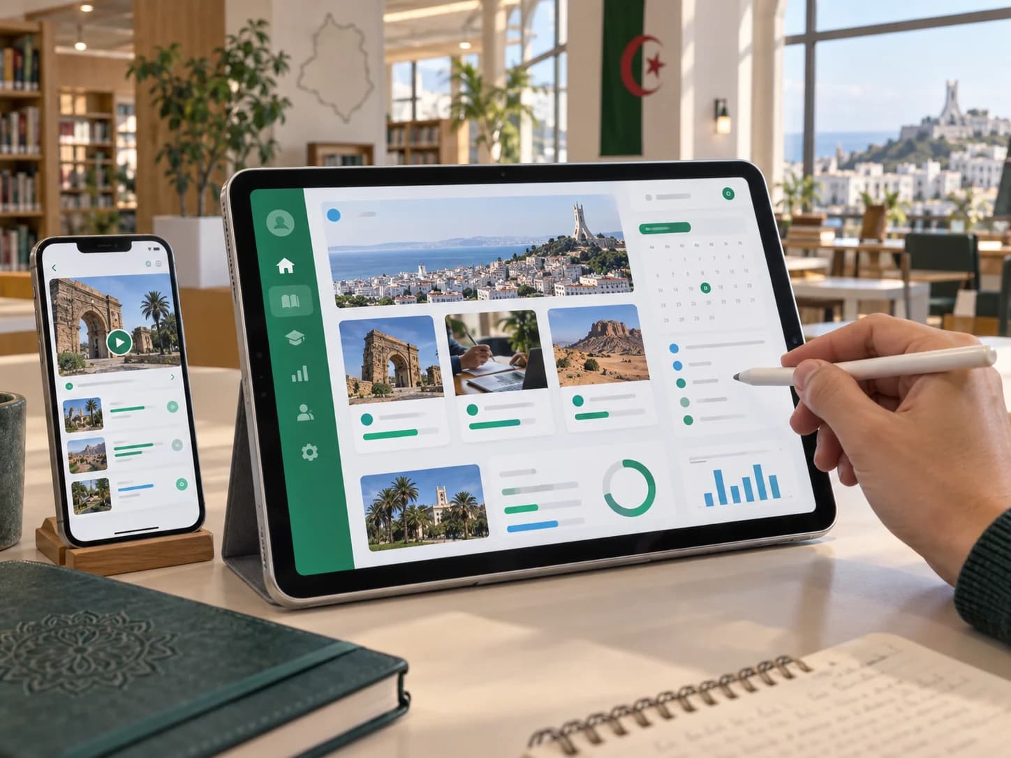 Illustration de concept d’un site web et d’une application éducative sur ordinateur et mobile.