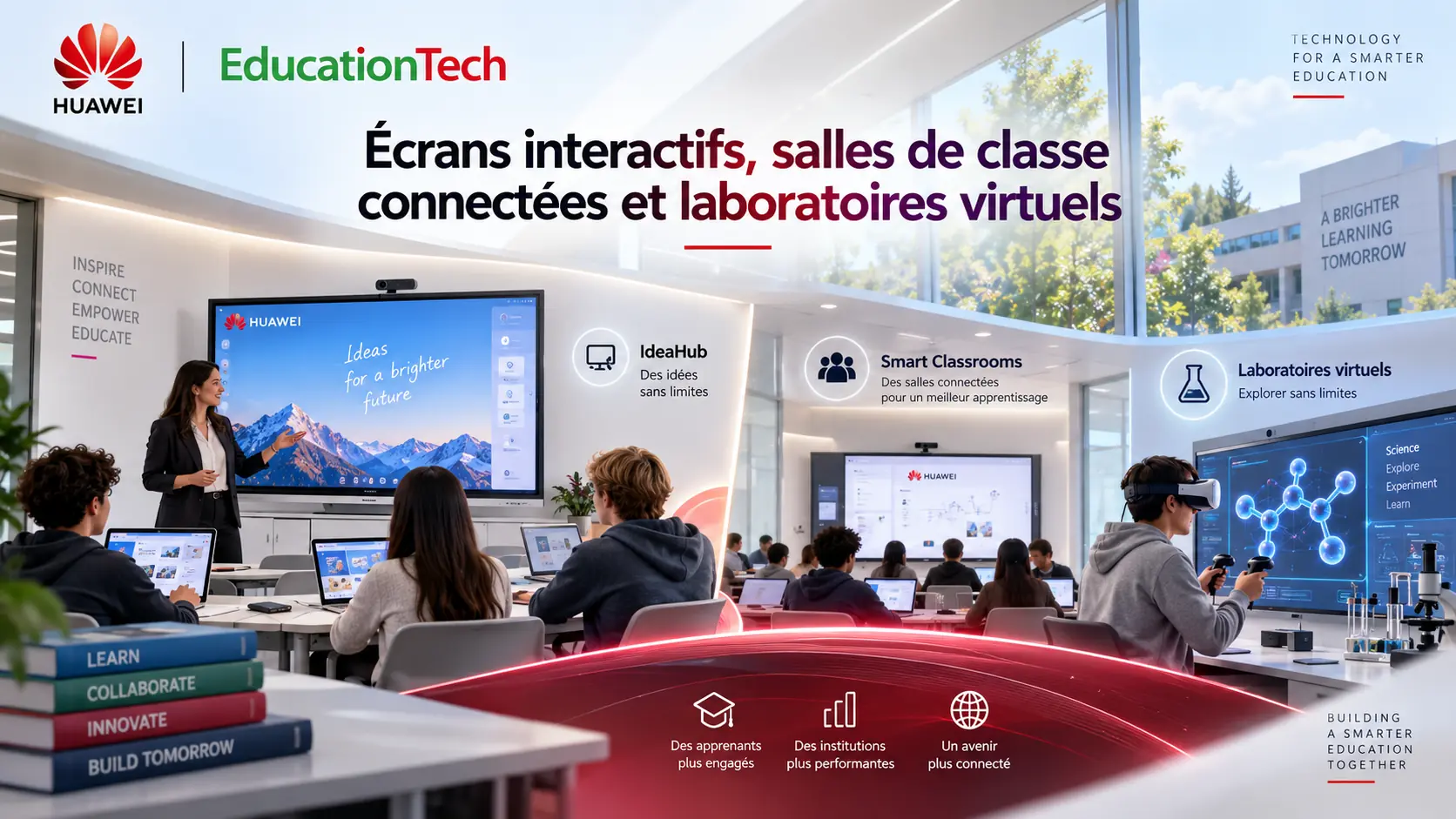 Solutions Huawei. Écrans interactifs, salles de classe connectées et laboratoires virtuels — l’équipement qui rend l’enseignement numérique possible.